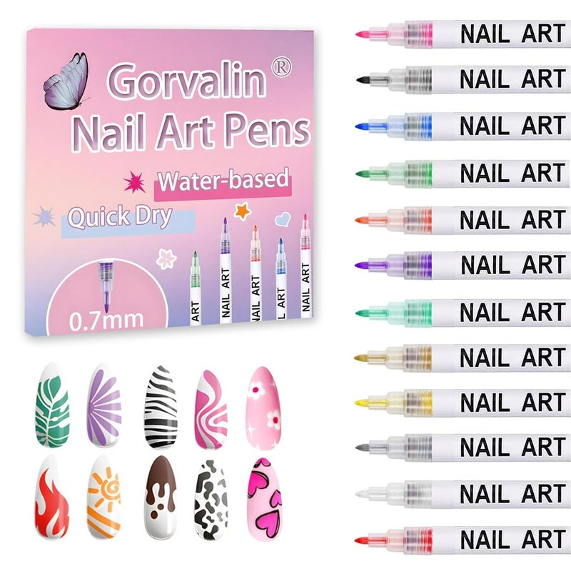 Gorvalin 12 Colors Nail Art Pens, 3D Quick Dry Nail Point Graffiti Dotting Liner Pen Sets Nail Art Painted Pen Drawing Nail Design Kit for Nail DIY Decoration Valentine Gift - Image 1